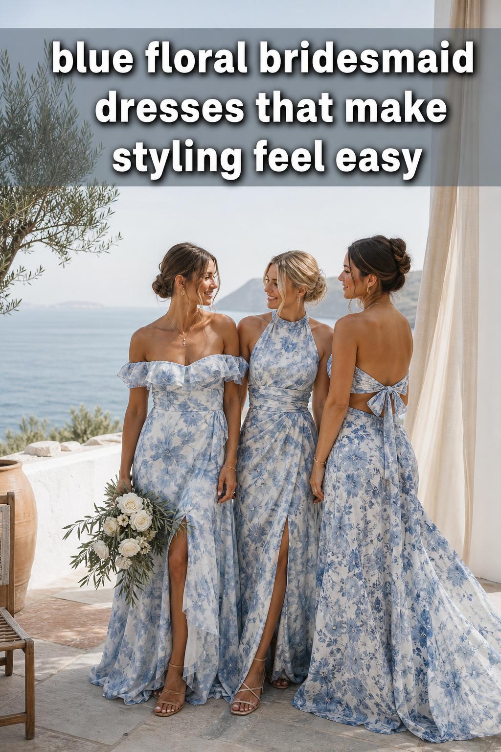 Blue floral bridesmaid dresses hanging on a rack in soft natural light, perfect for a romantic wedding party