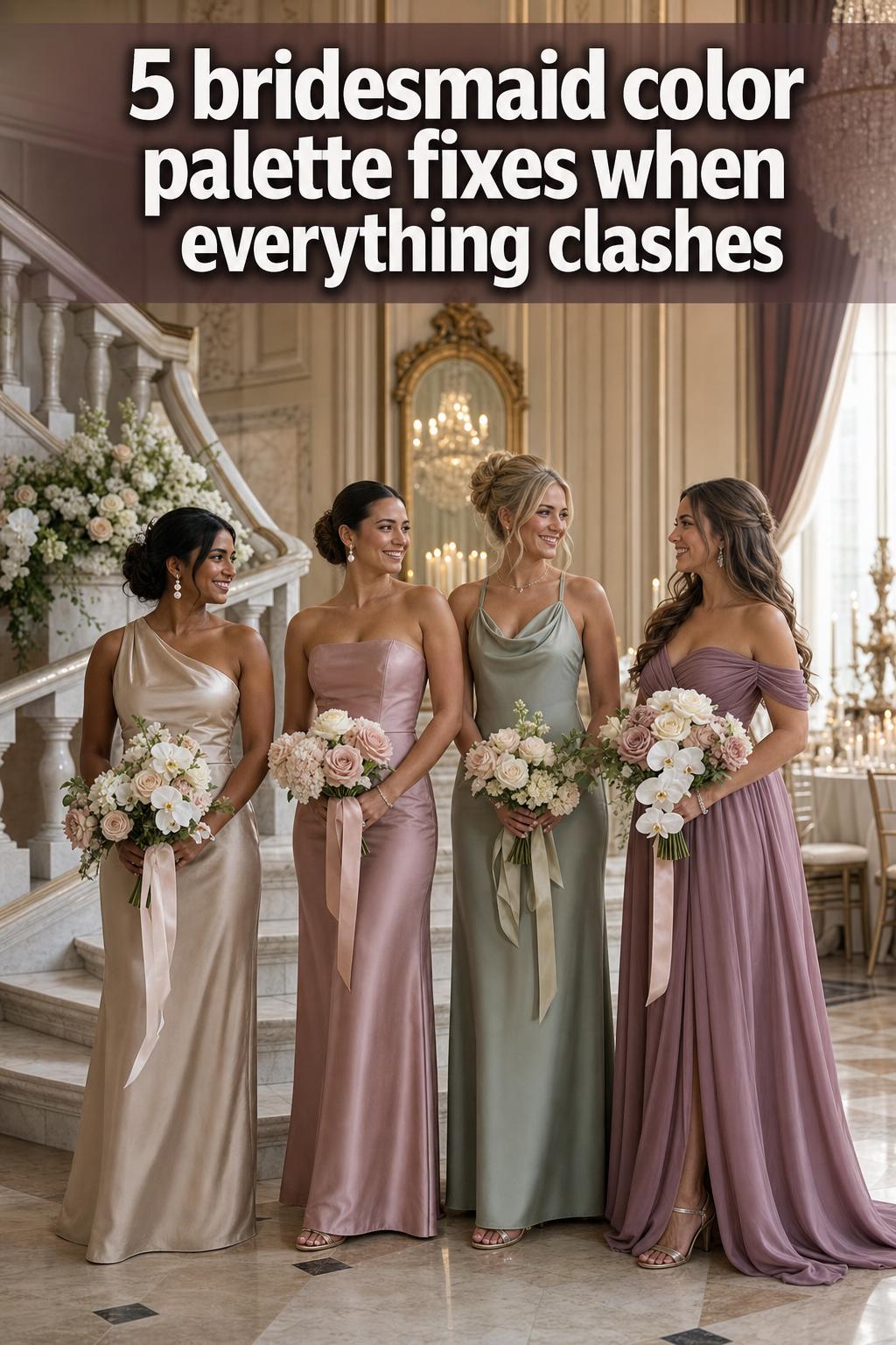 Bridesmaid color palette with soft blush, sage, and champagne swatches arranged on a wedding styling board