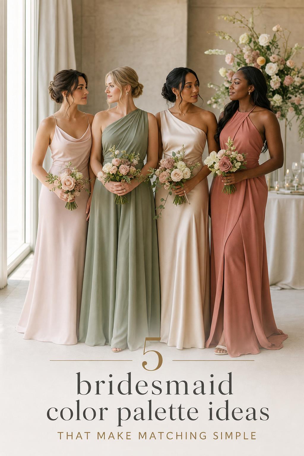 Bridesmaid color palette inspiration with four bridesmaids in blush, sage, champagne and muted terracotta dresses in soft window light
