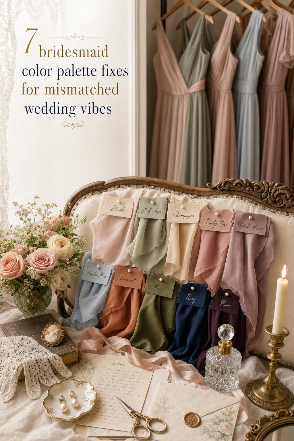 Bridesmaid color palette mood board with silk swatches, vintage stationery, roses, and blurred hanging gowns by a window