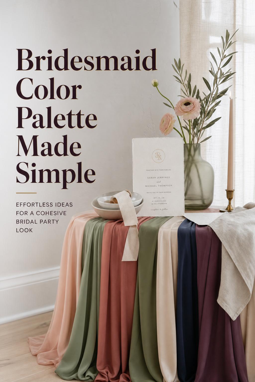 Bridesmaid color palette styling with dress swatches, invitations, and tulips in a bright Scandinavian bridal studio