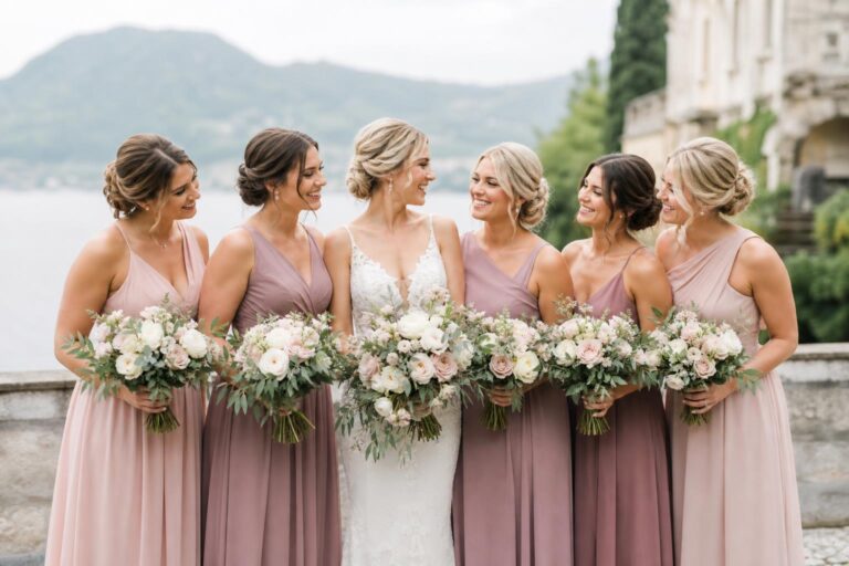 Bridesmaid color palette with blush, sage, navy, terracotta, and champagne swatches arranged on a bridal mood board