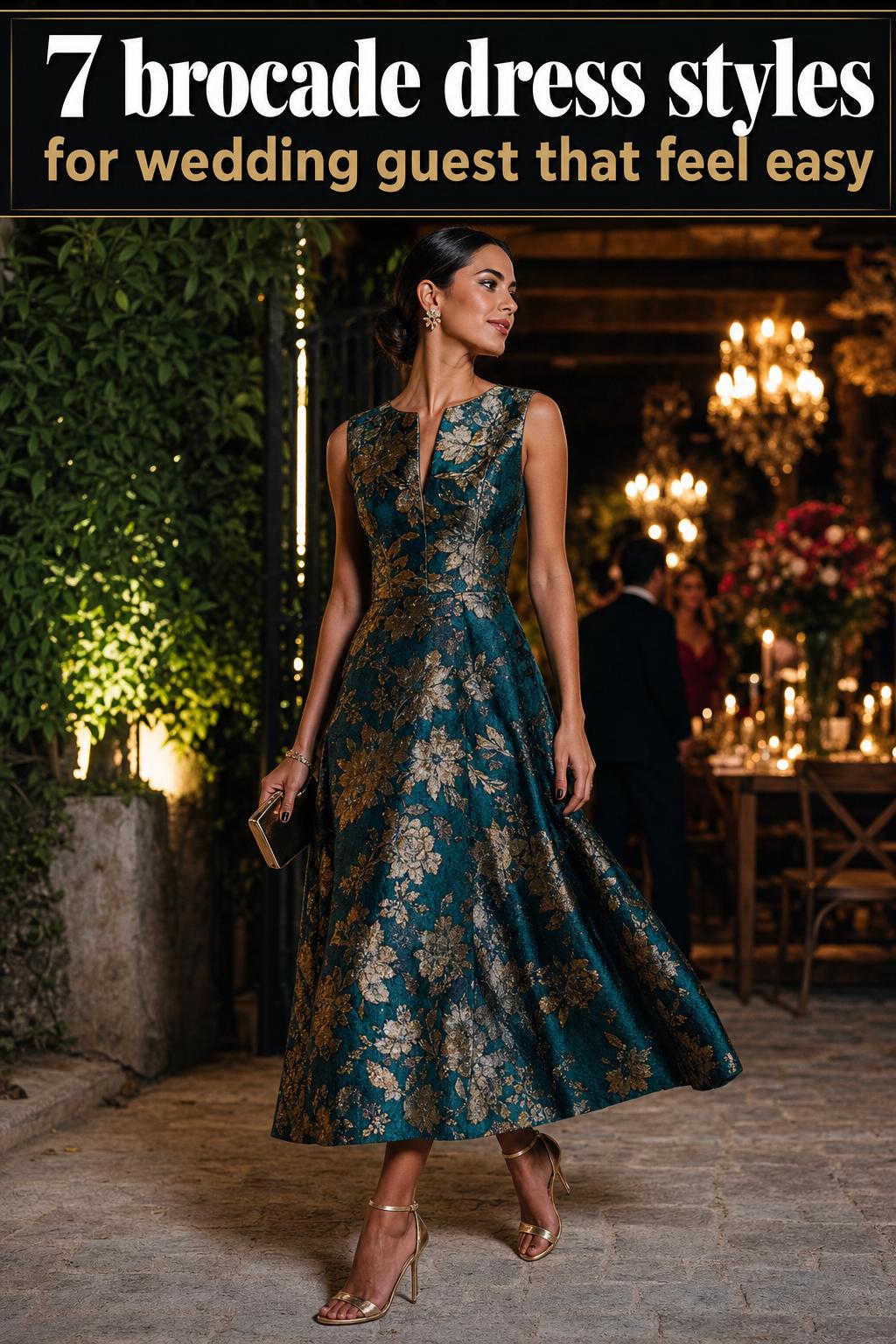 Wedding guest wearing elegant brocade dress styles for wedding guest at a formal celebration