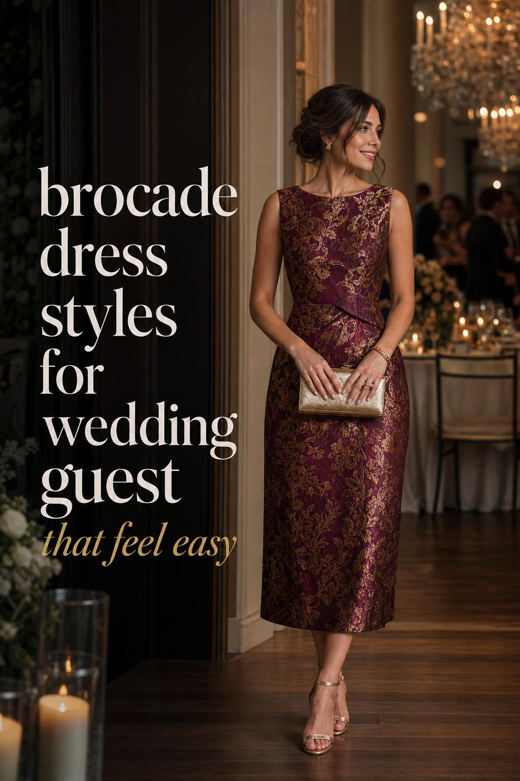 Modern woman in jewel-toned brocade dress styles for wedding guest, candlelit ballroom doorway with elegant reception bokeh