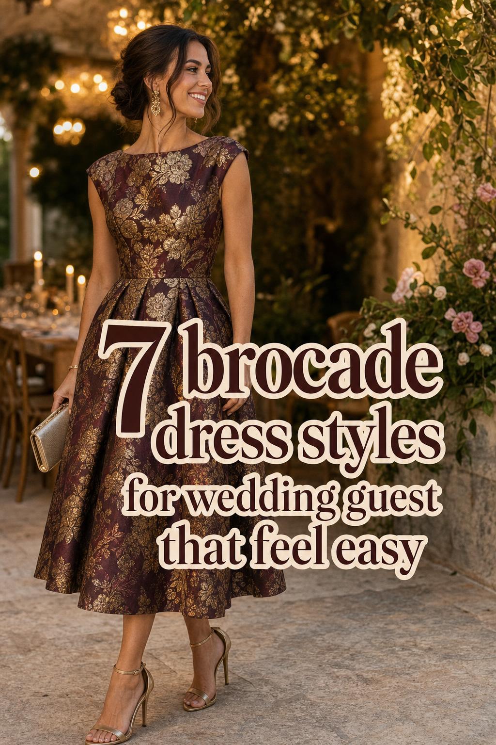 Brocade dress styles for wedding guest in a warm golden-hour venue, woman in jewel-tone brocade with clutch and heels