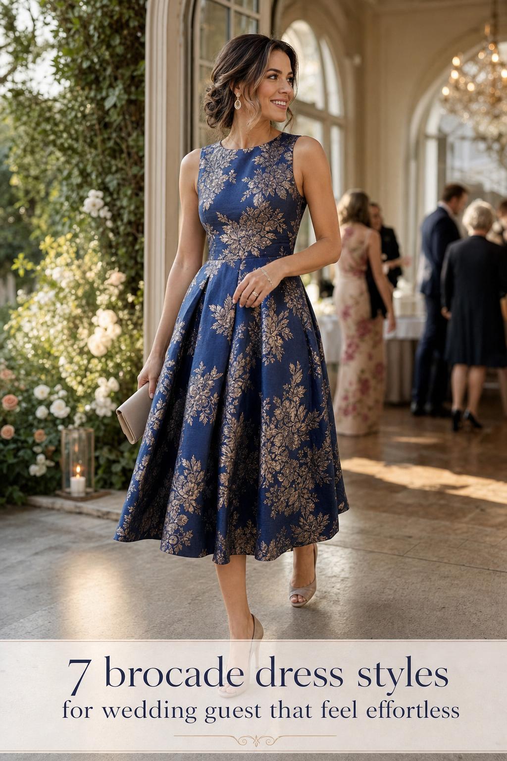 Wedding guest in modern brocade dress, showcasing brocade dress styles for wedding guest in warm garden-to-ballroom light