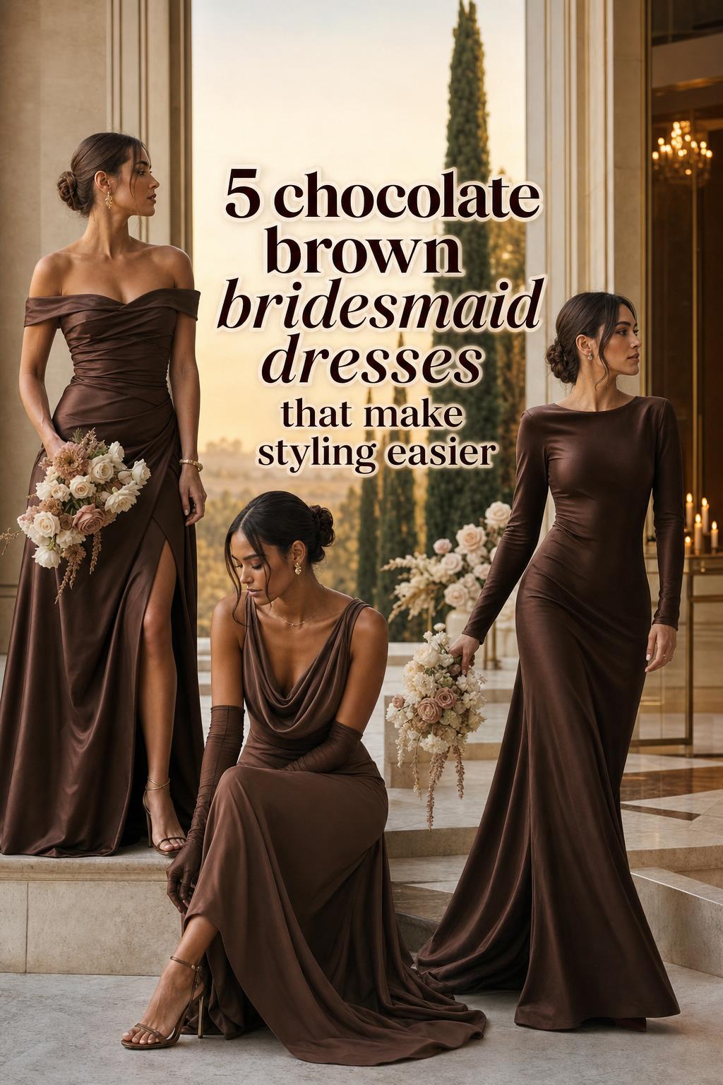 Three women in chocolate brown bridesmaid dresses posing in a luxury venue with bold Pinterest text overlay