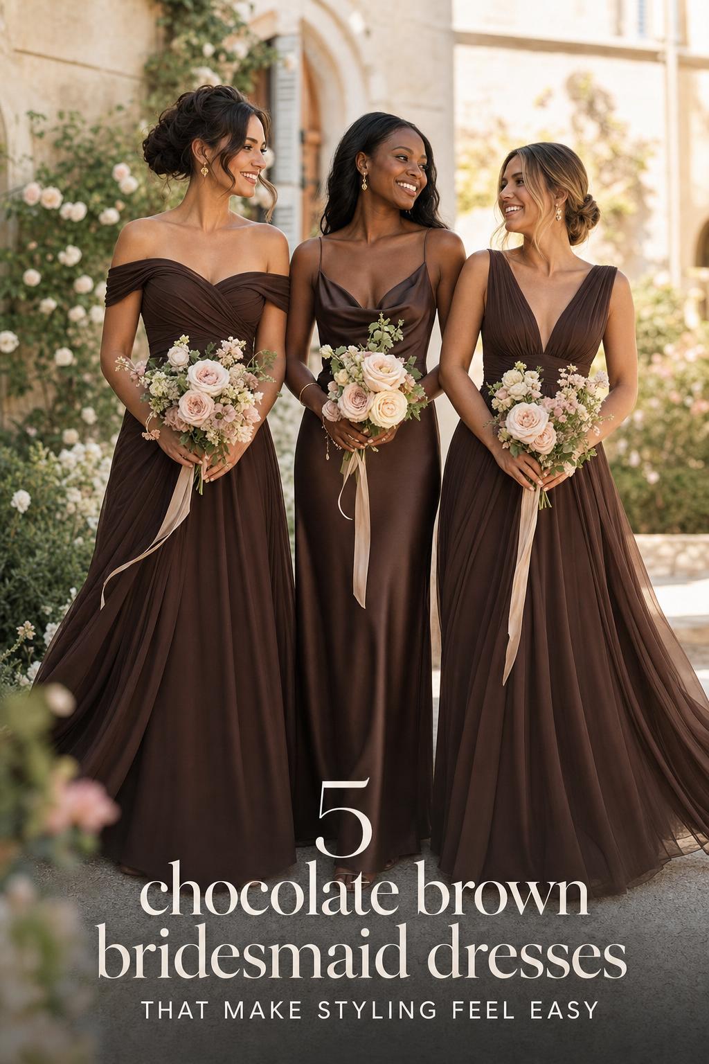 Chocolate brown bridesmaid dresses on three bridesmaids in a golden hour garden terrace wedding editorial photo