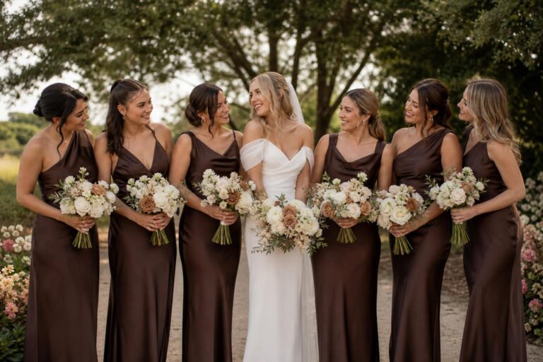 Bridal party in chocolate brown bridesmaid dresses in satin and chiffon, photographed at golden hour in a modern venue