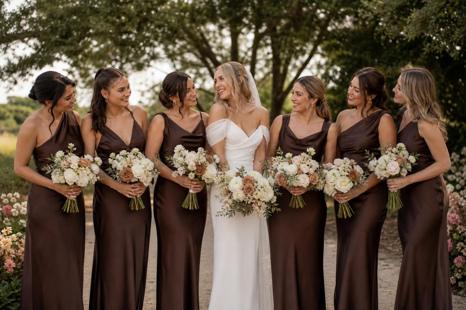 Bridal party in chocolate brown bridesmaid dresses in satin and chiffon, photographed at golden hour in a modern venue