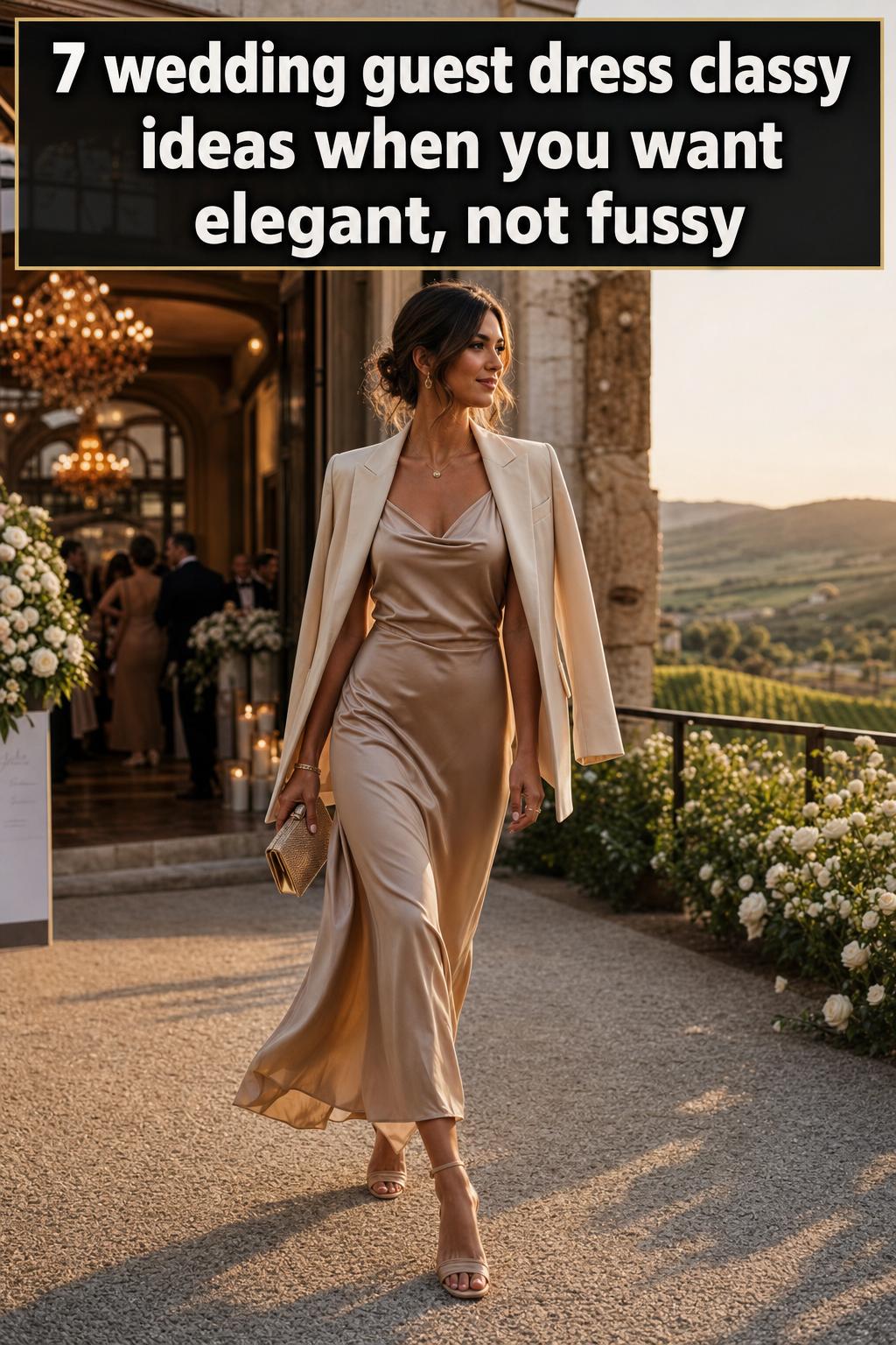 Classy wedding guest dress in elegant satin with soft drape, perfect for a formal celebration
