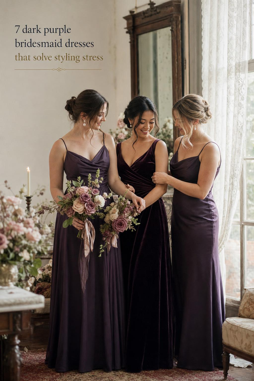 Three bridesmaids in dark purple bridesmaid dresses in an antique manor by a window, holding bouquets in soft light