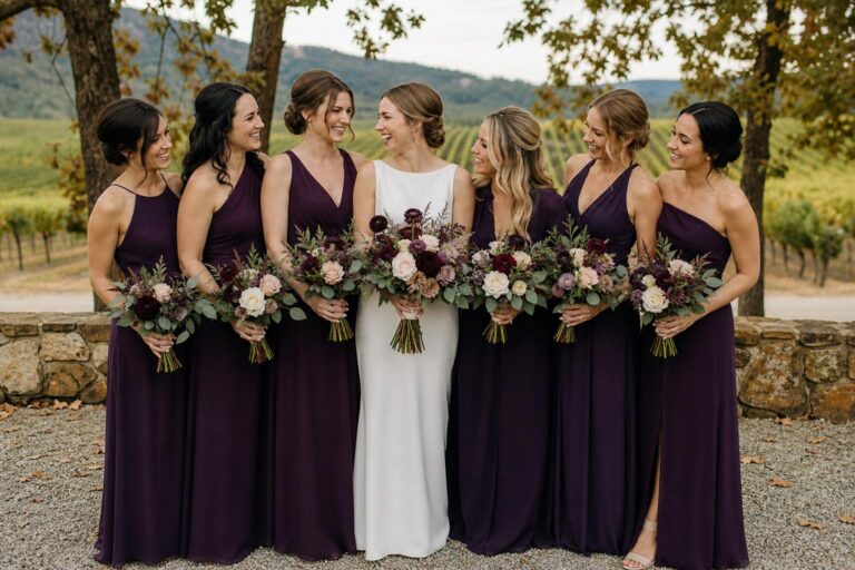 Bridal party in dark purple bridesmaid dresses standing outdoors at a fall wedding ceremony in warm golden hour light