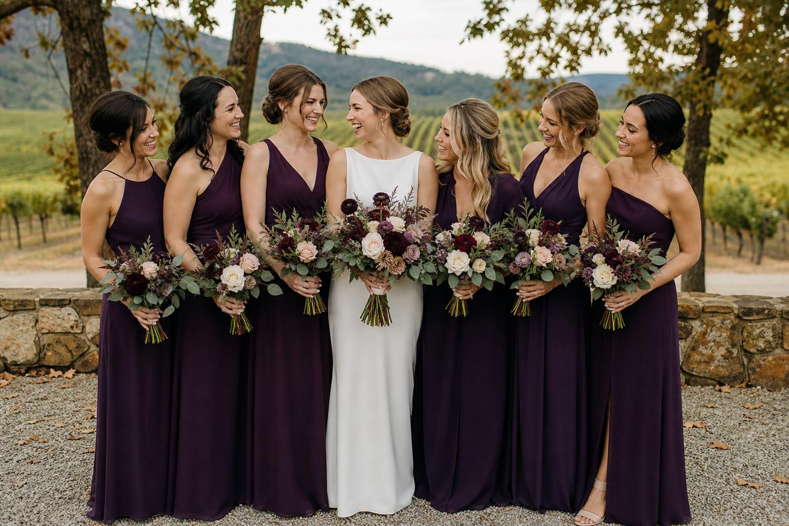 Bridal party in dark purple bridesmaid dresses standing outdoors at a fall wedding ceremony in warm golden hour light