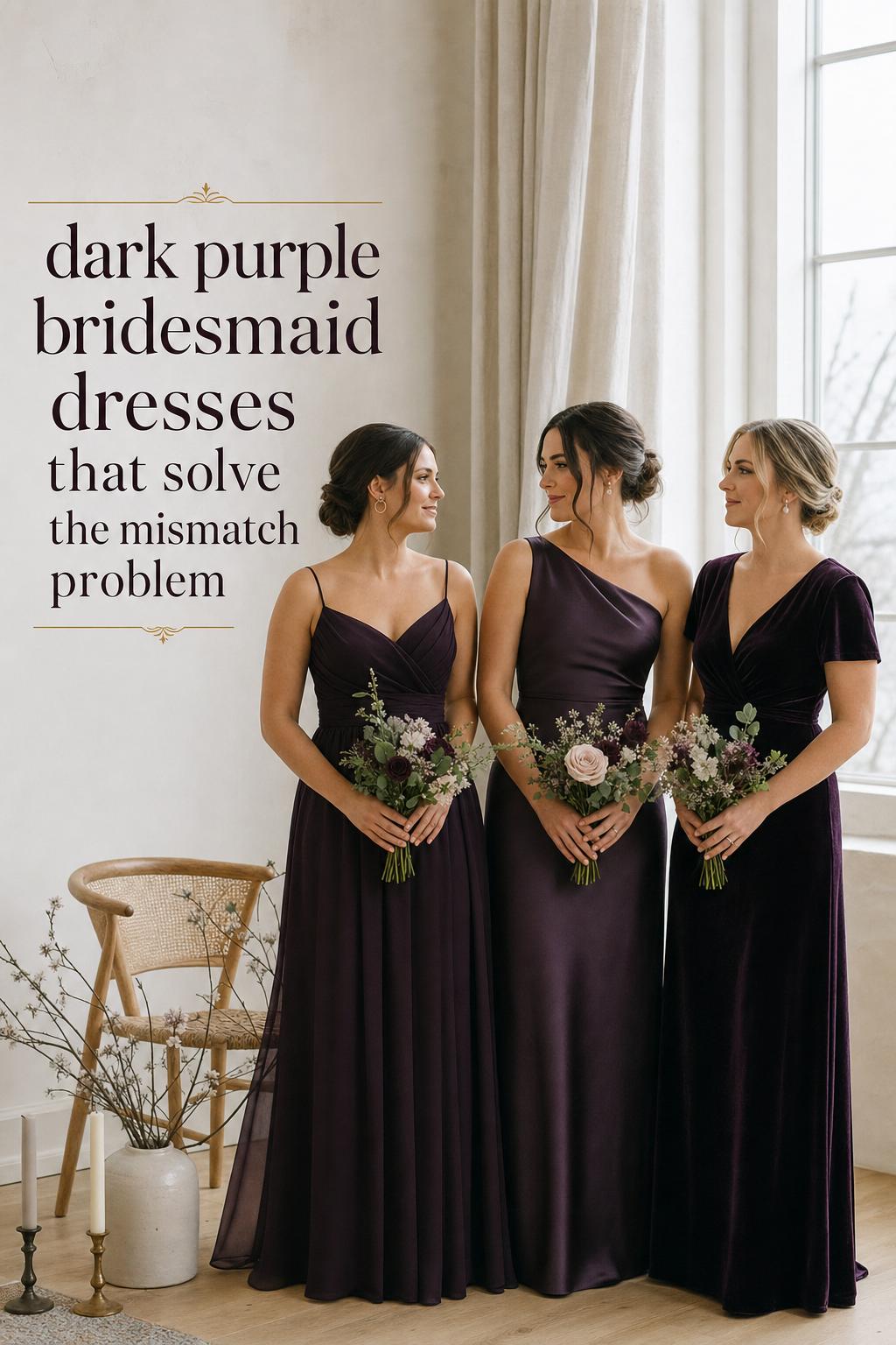 Dark purple bridesmaid dresses in a bright Scandinavian wedding studio, three bridesmaids by a tall window in moody plum tones