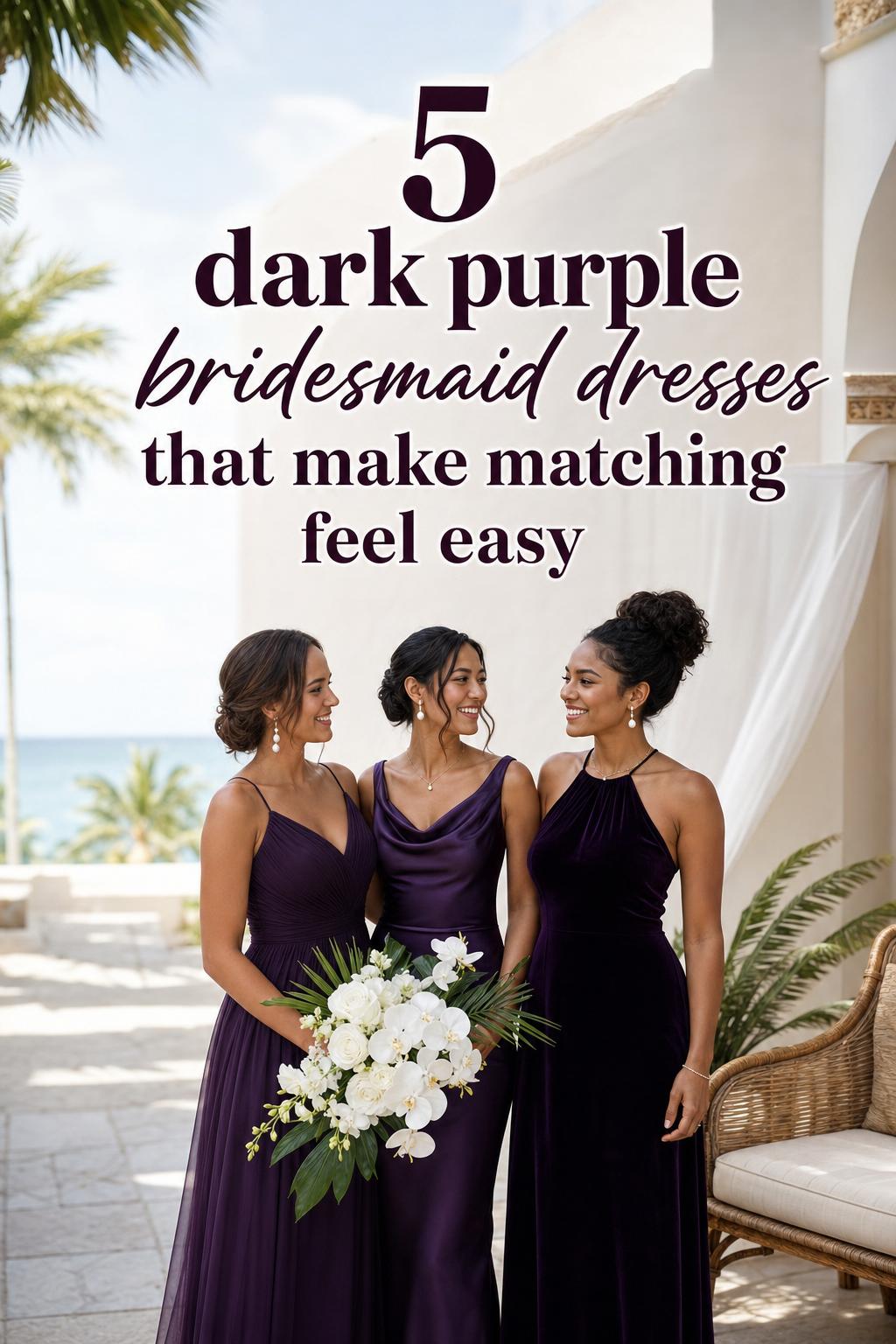 Dark purple bridesmaid dresses on three bridesmaids at a luxury tropical resort wedding courtyard with text overlay