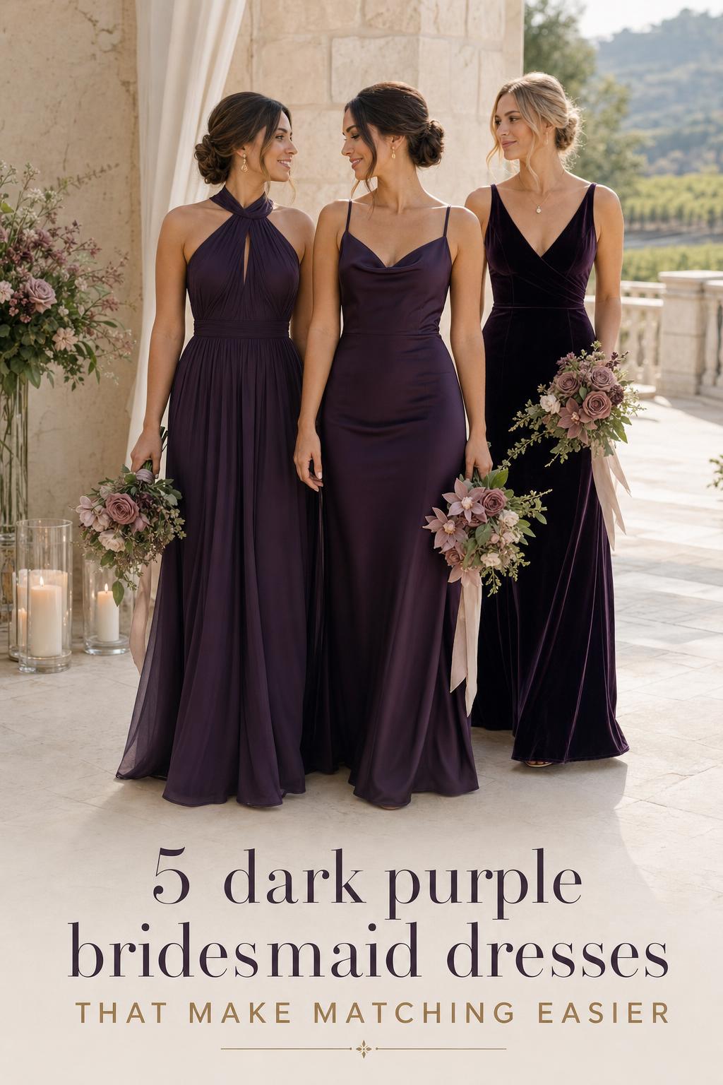 Three bridesmaids in dark purple bridesmaid dresses in plum, eggplant, and aubergine tones in soft daylight wedding editorial.