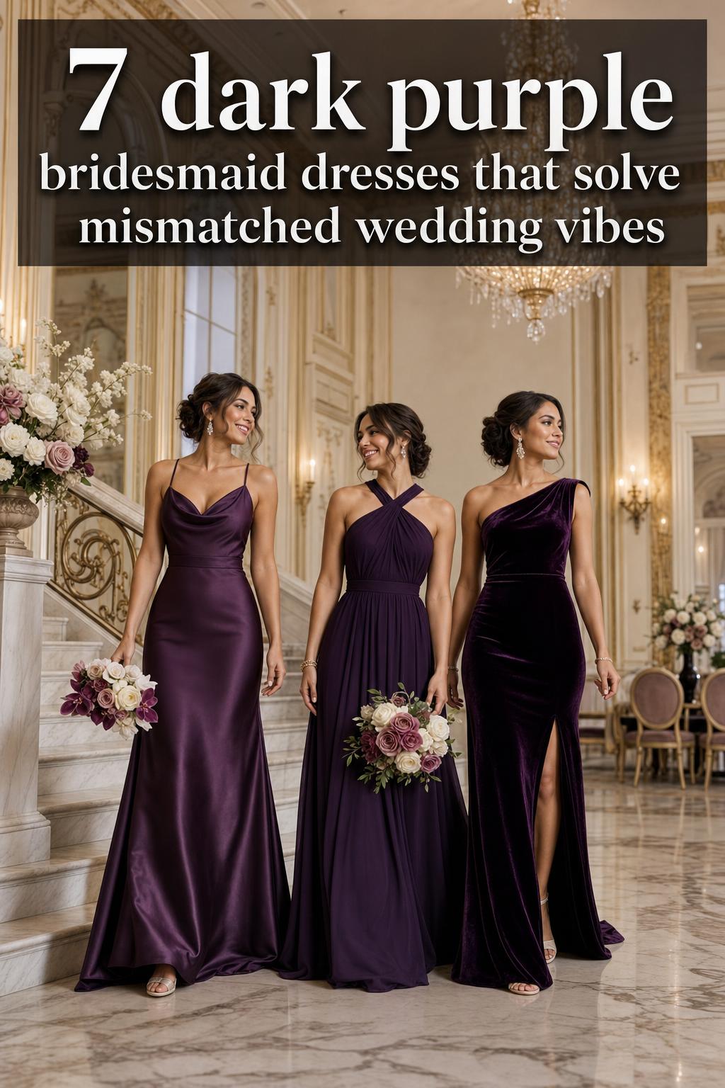 Bridesmaids in dark purple bridesmaid dresses standing together at an elegant wedding venue