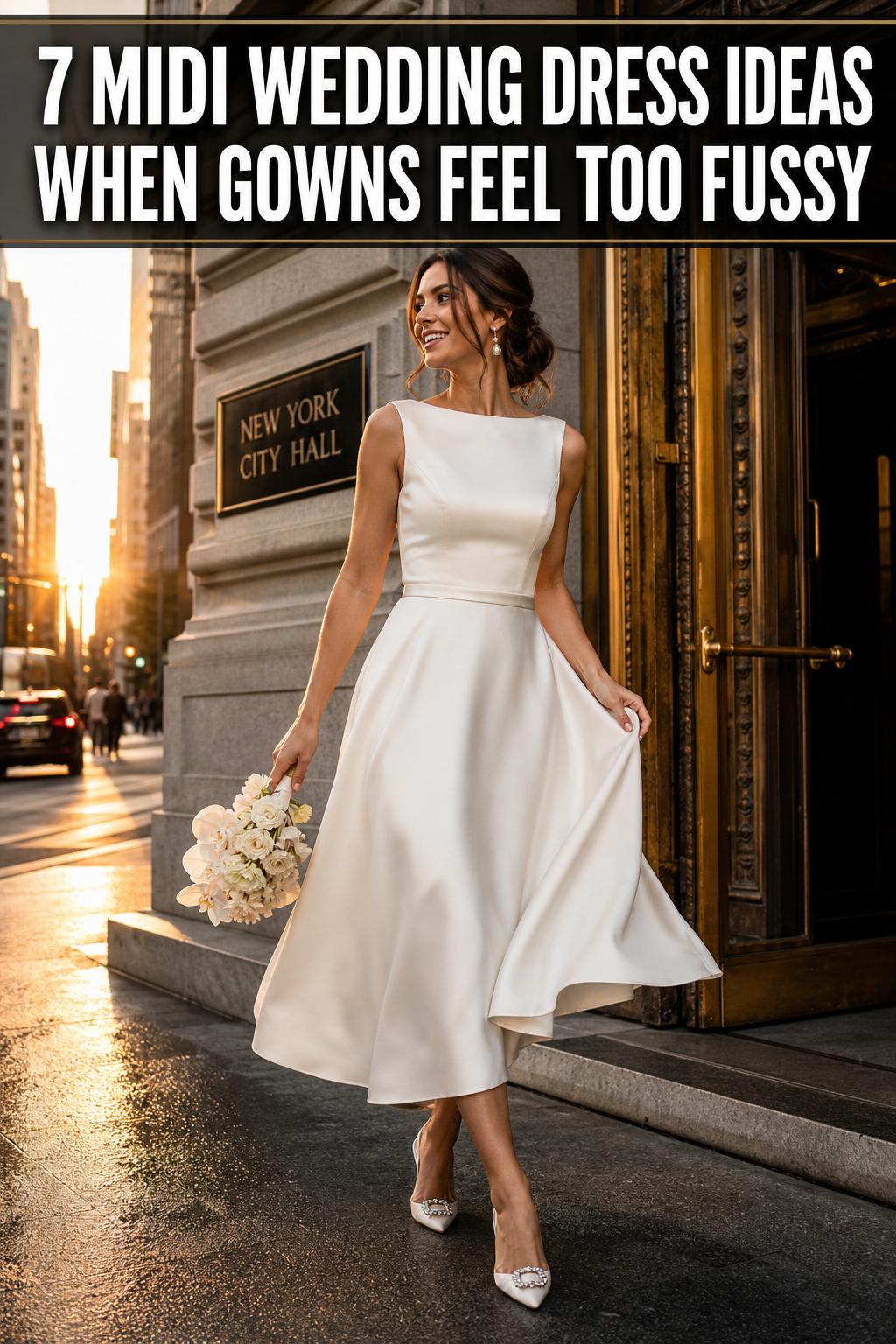 Photographic midi wedding dress with elegant lace bodice and flowing skirt, styled for a modern bridal look