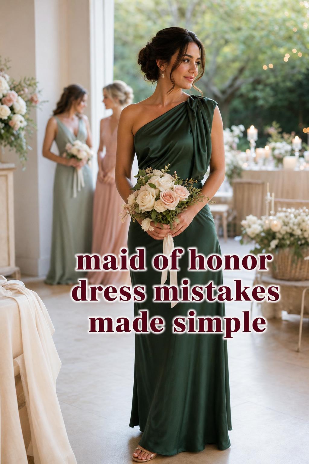 Maid of honor dress in emerald satin, one-shoulder column silhouette, in a bright bridal suite with soft garden reception bokeh
