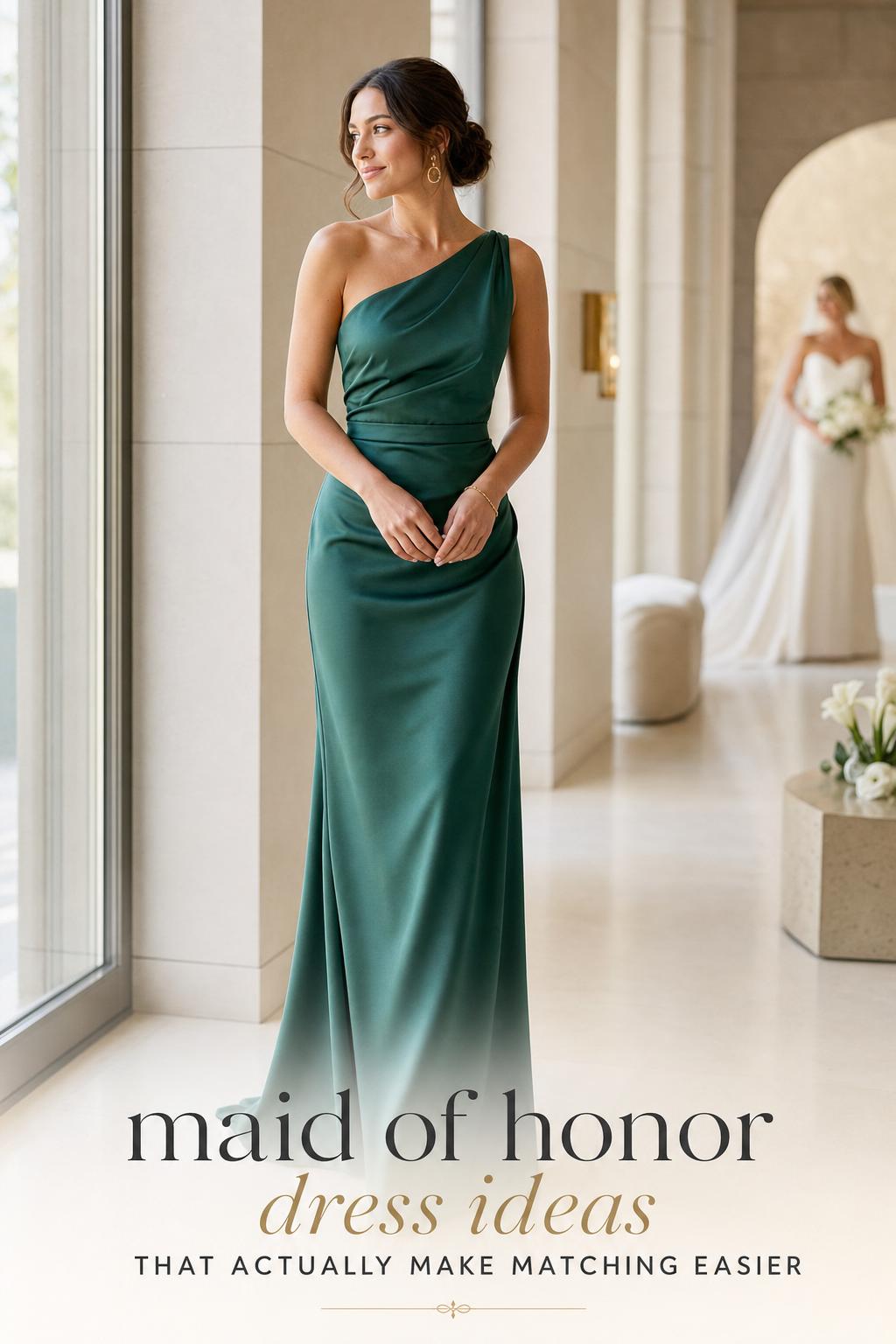 maid of honor dress in emerald one-shoulder satin gown by a bright modern wedding venue window, minimal luxury editorial