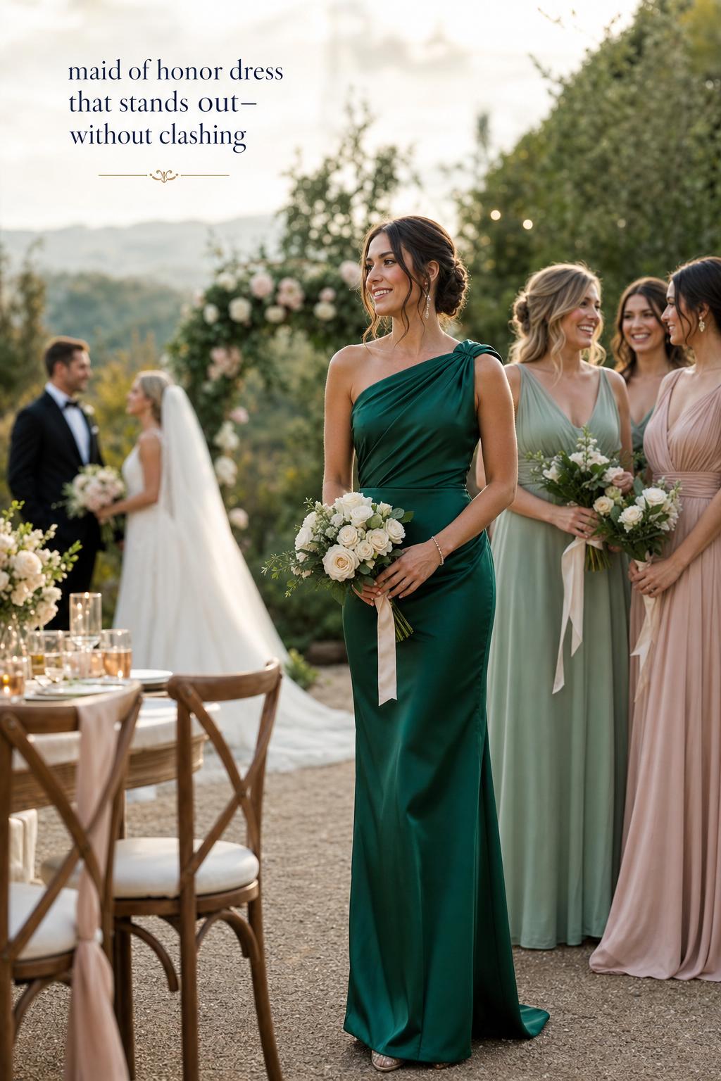 Maid of honor dress in deep emerald satin one-shoulder gown beside bridesmaids at golden-hour outdoor wedding