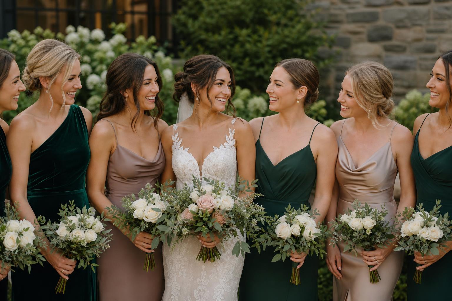 Elegant velvet maid of honor dress in deep emerald beside satin bridesmaid gowns in sage green at a formal wedding