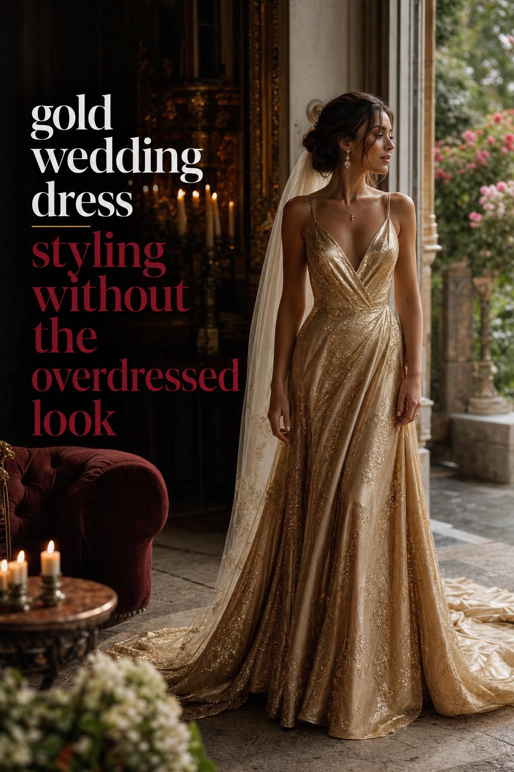Bride in a luminous gold wedding dress in a candlelit ballroom with garden view, cinematic editorial lighting