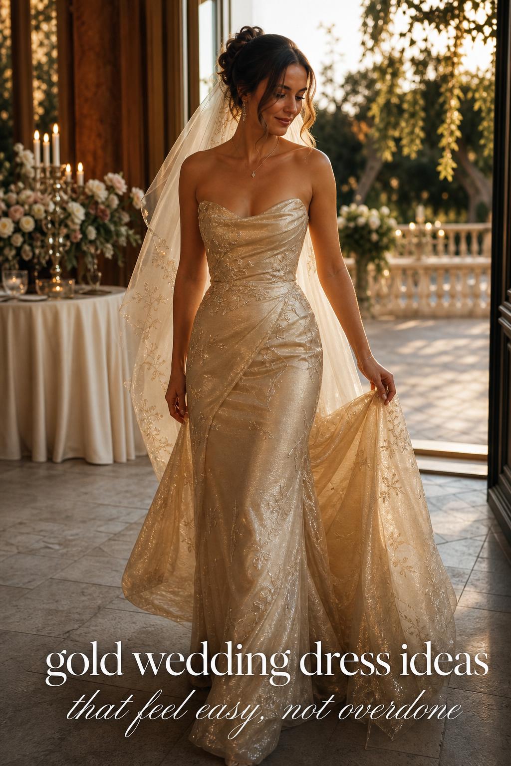Bride mid-step in a luminous gold wedding dress in a candlelit ballroom opening to a garden terrace at golden hour