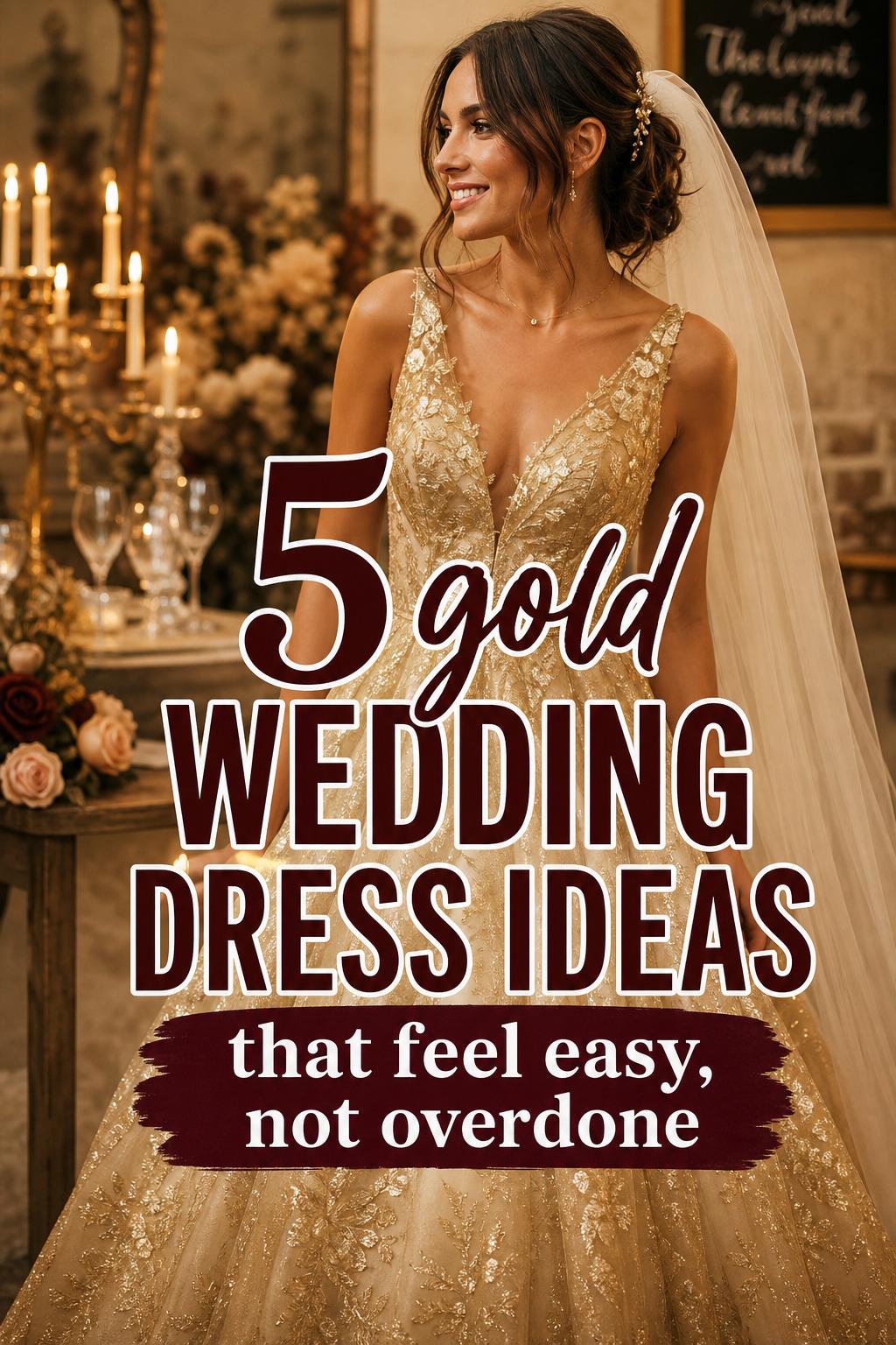 Modern bride in a gold wedding dress in a candlelit ballroom corner with warm florals and Pinterest text overlay