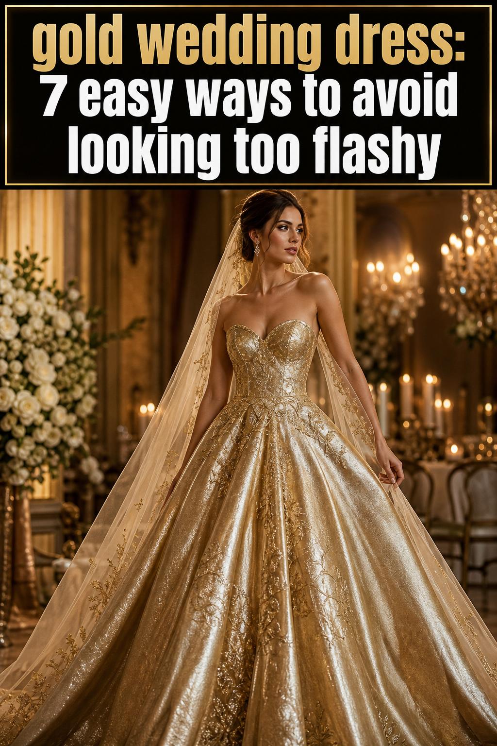 Gold wedding dress shimmering in soft natural light, elegant bridal gown with detailed embroidery in a studio setting