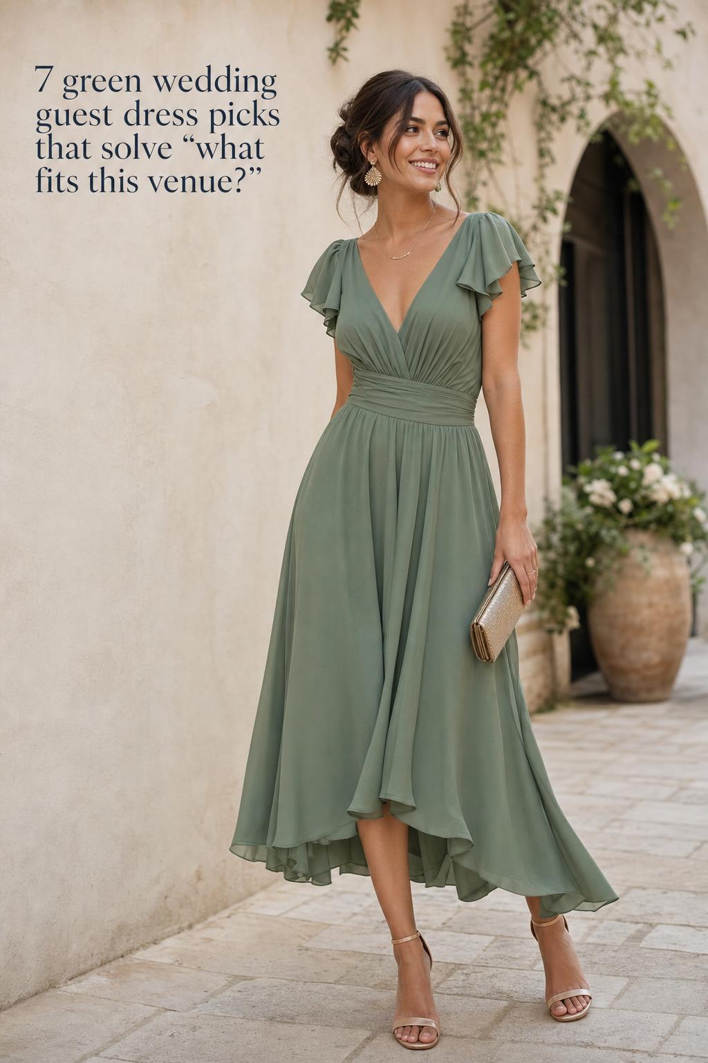 Elegant green wedding guest dress styling on a woman in a minimalist venue setting with soft natural light and editorial text