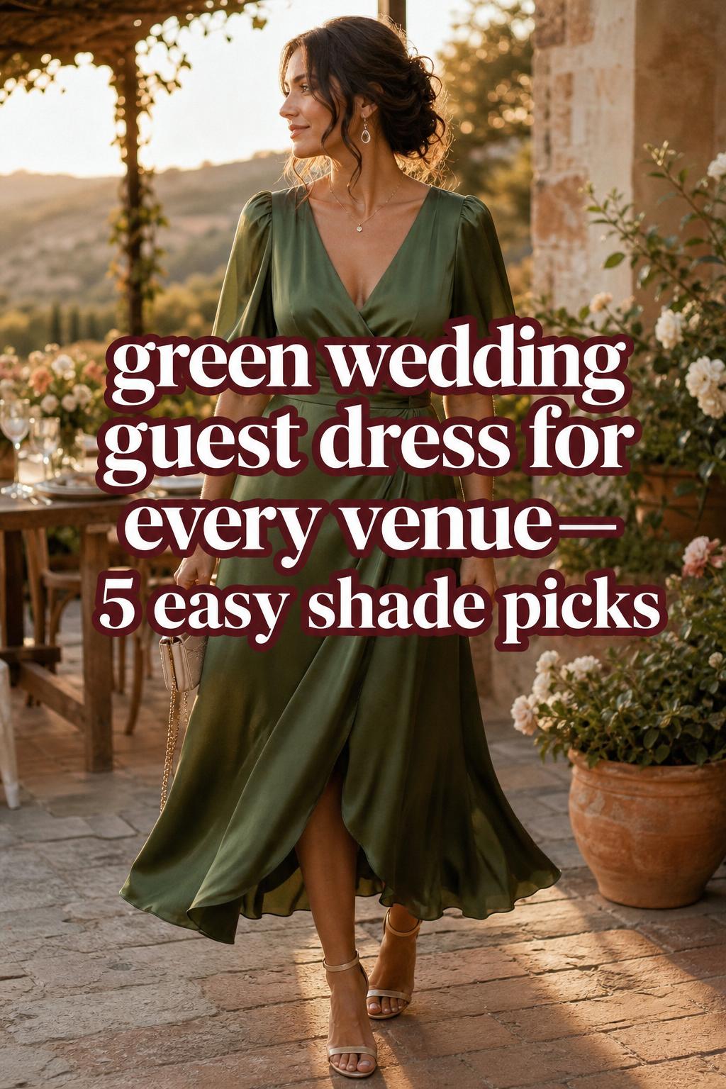 Green wedding guest dress in golden-hour garden setting with chic text overlay for venue shade picks