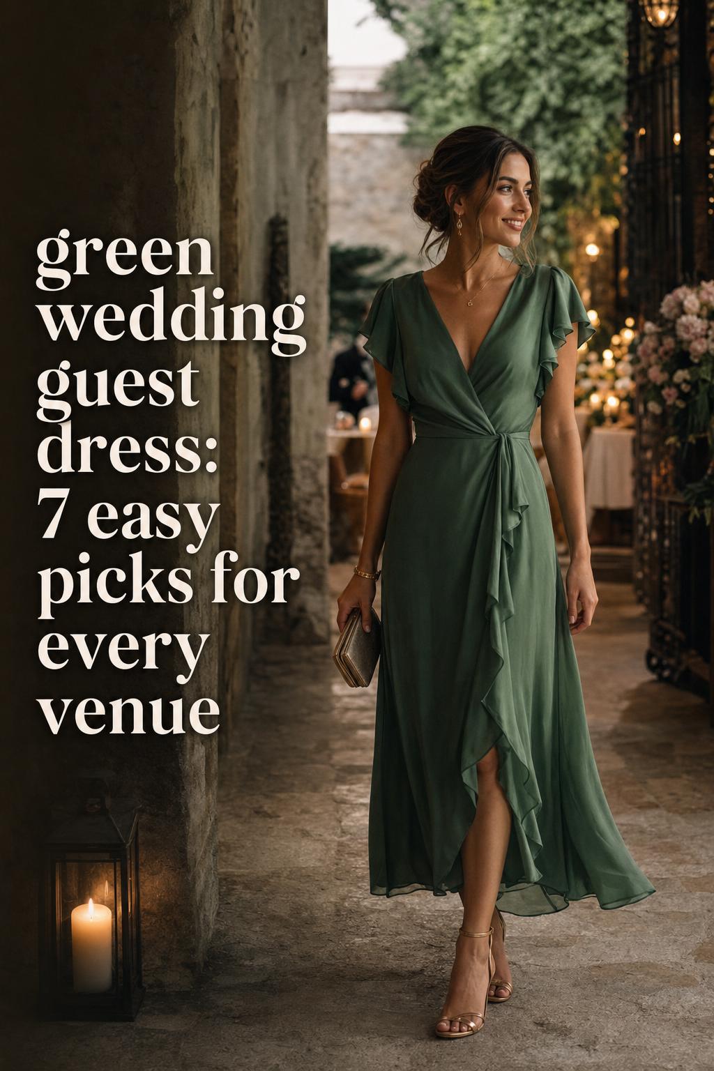 Woman in a green wedding guest dress in a moody European corridor with candle glow and garden courtyard beyond