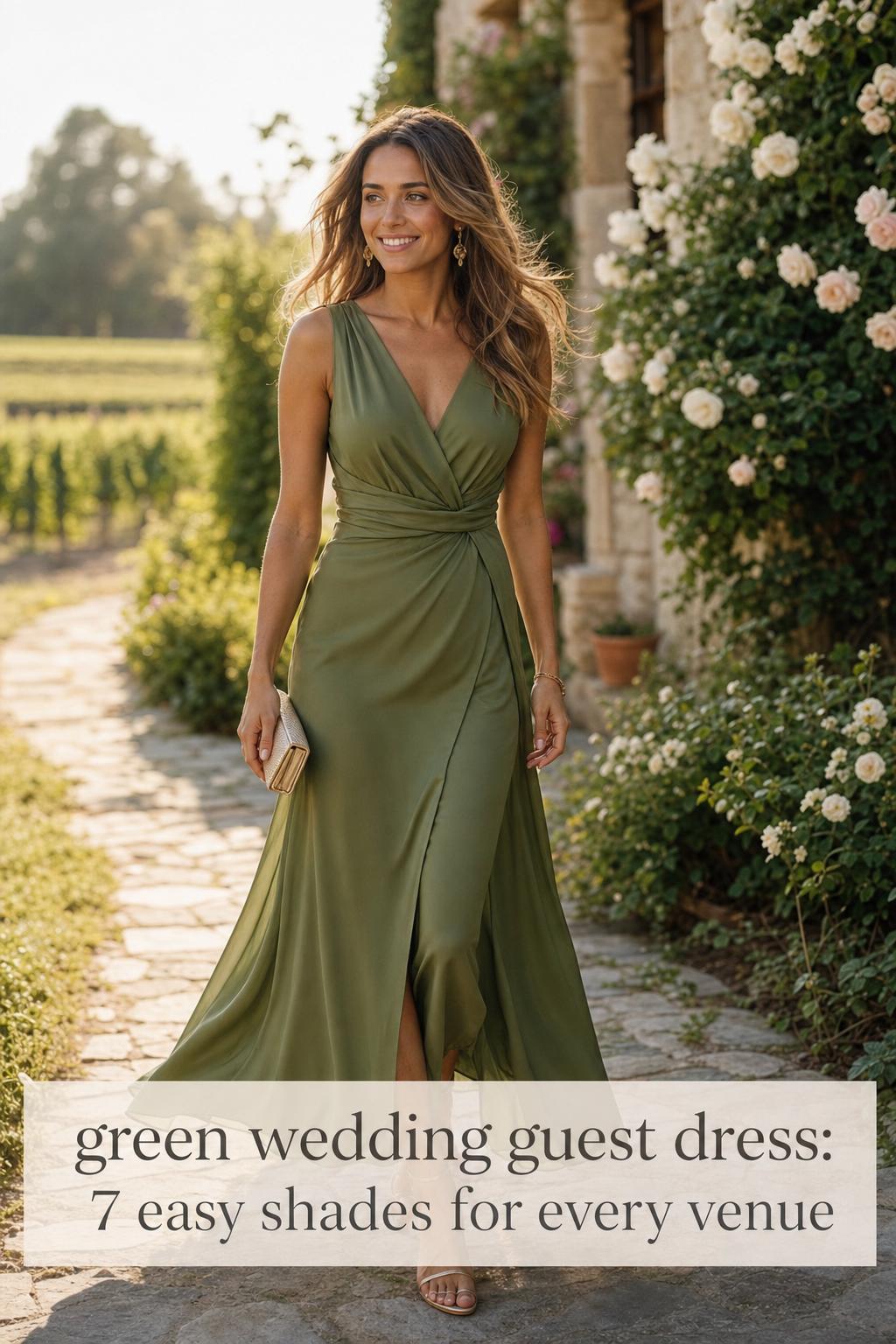Green wedding guest dress in olive-sage midi chiffon, woman walking at golden hour in a garden vineyard venue