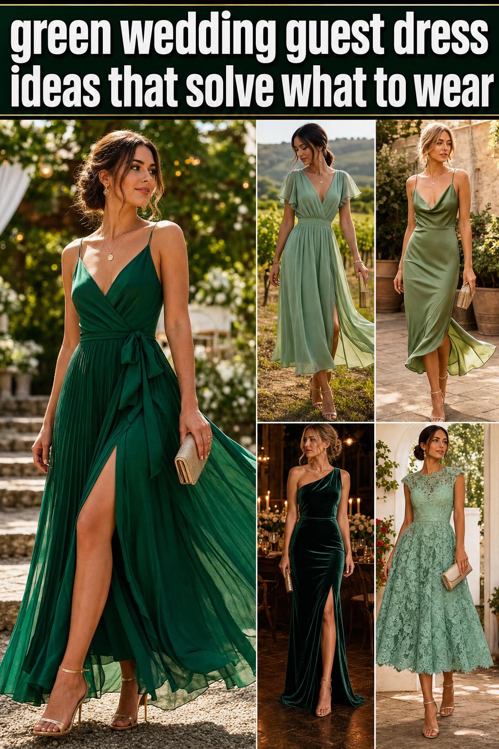 Green wedding guest dress in elegant floor-length satin with soft drape, photographed in natural light