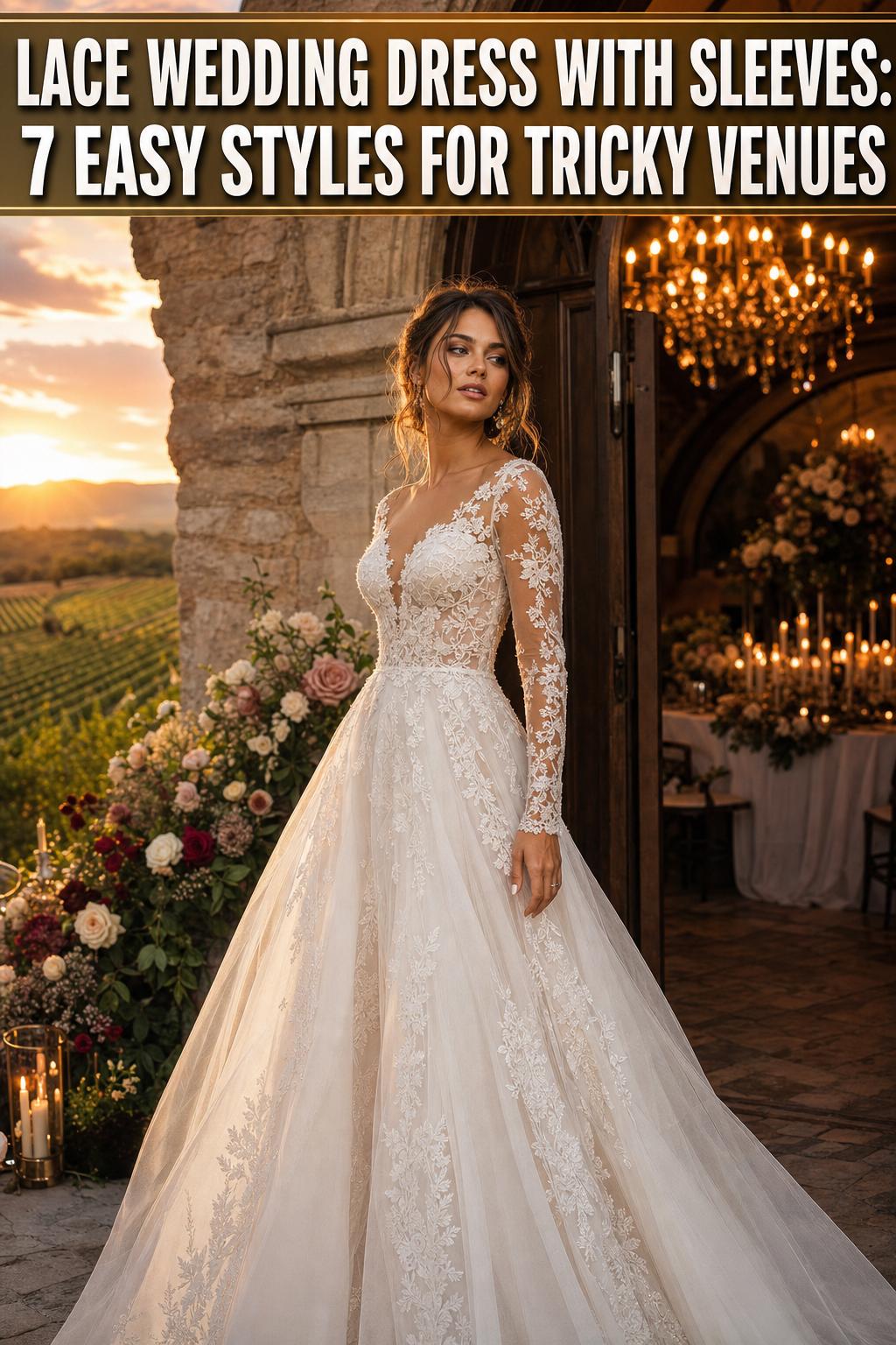 Bride wearing a lace wedding dress with sleeves in a bright bridal studio, showing elegant floral lace details