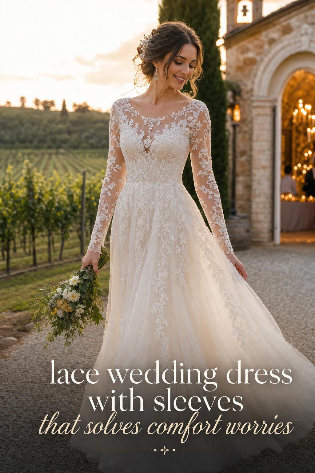 Bride in a lace wedding dress with sleeves walking a vineyard path at golden hour near a historic chapel
