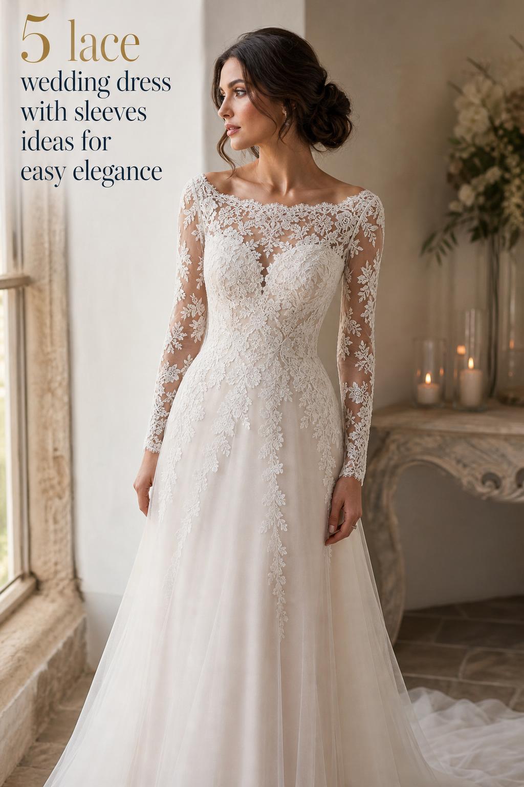 Bride in a lace wedding dress with sleeves, minimalist editorial portrait with soft window light and refined venue backdrop