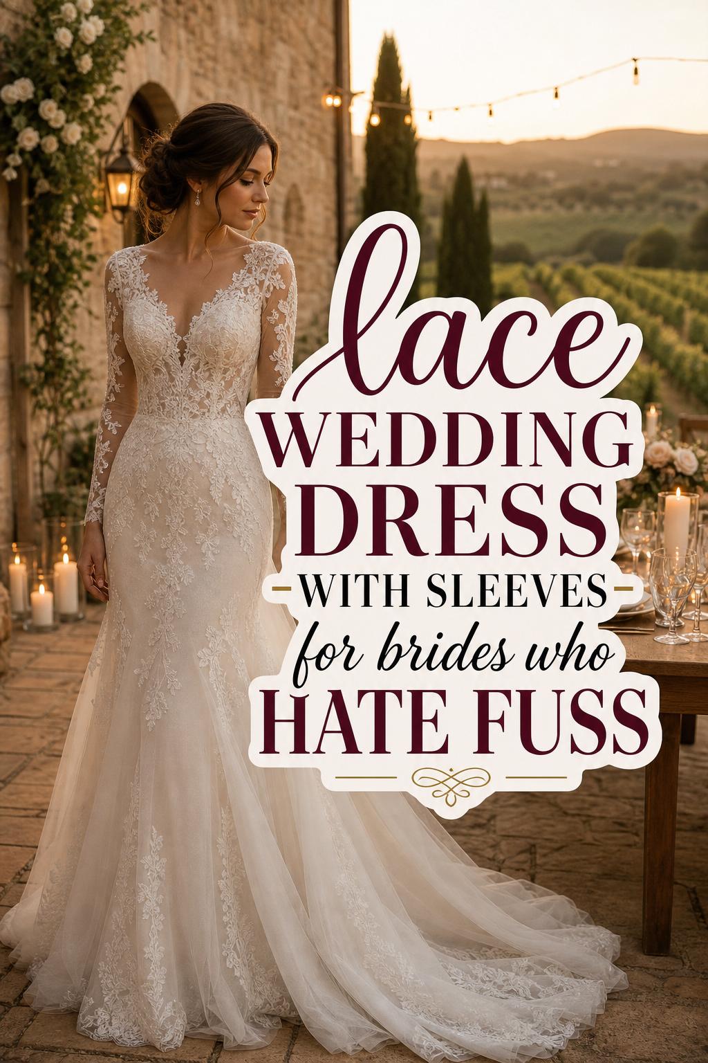 Bride in a garden vineyard at golden hour wearing a lace wedding dress with sleeves, with candles and stone arches behind