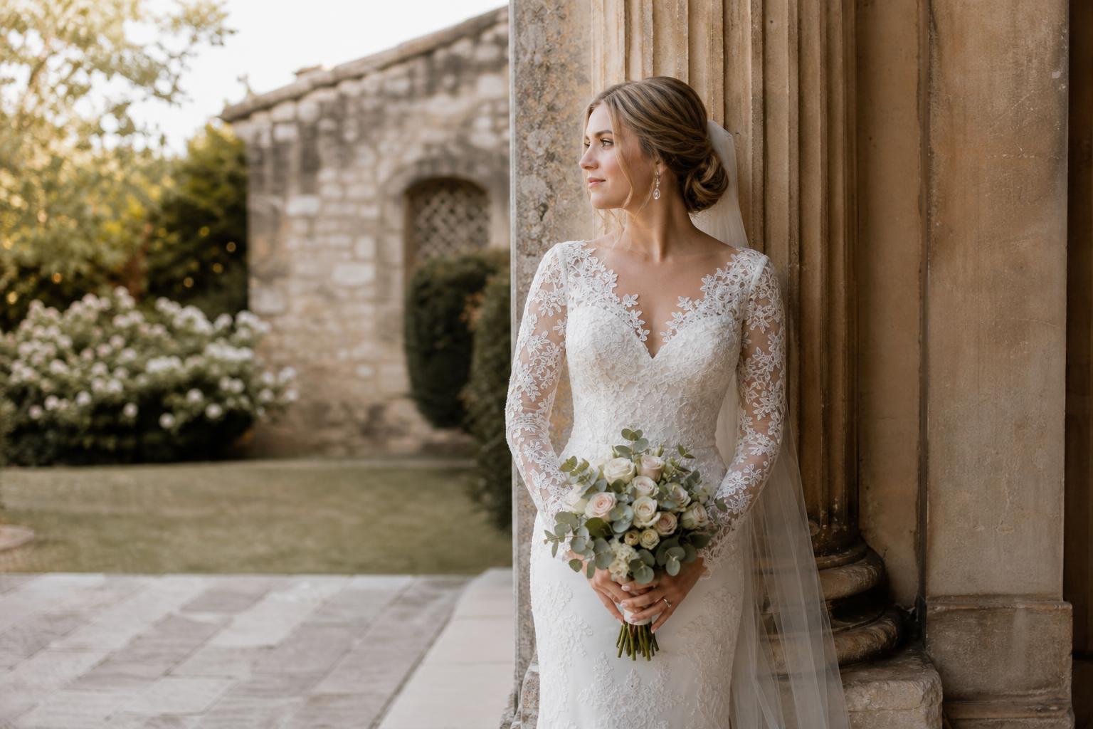 Bride in a lace wedding dress with sleeves, long sheer lace arms and elegant A-line skirt in soft natural light