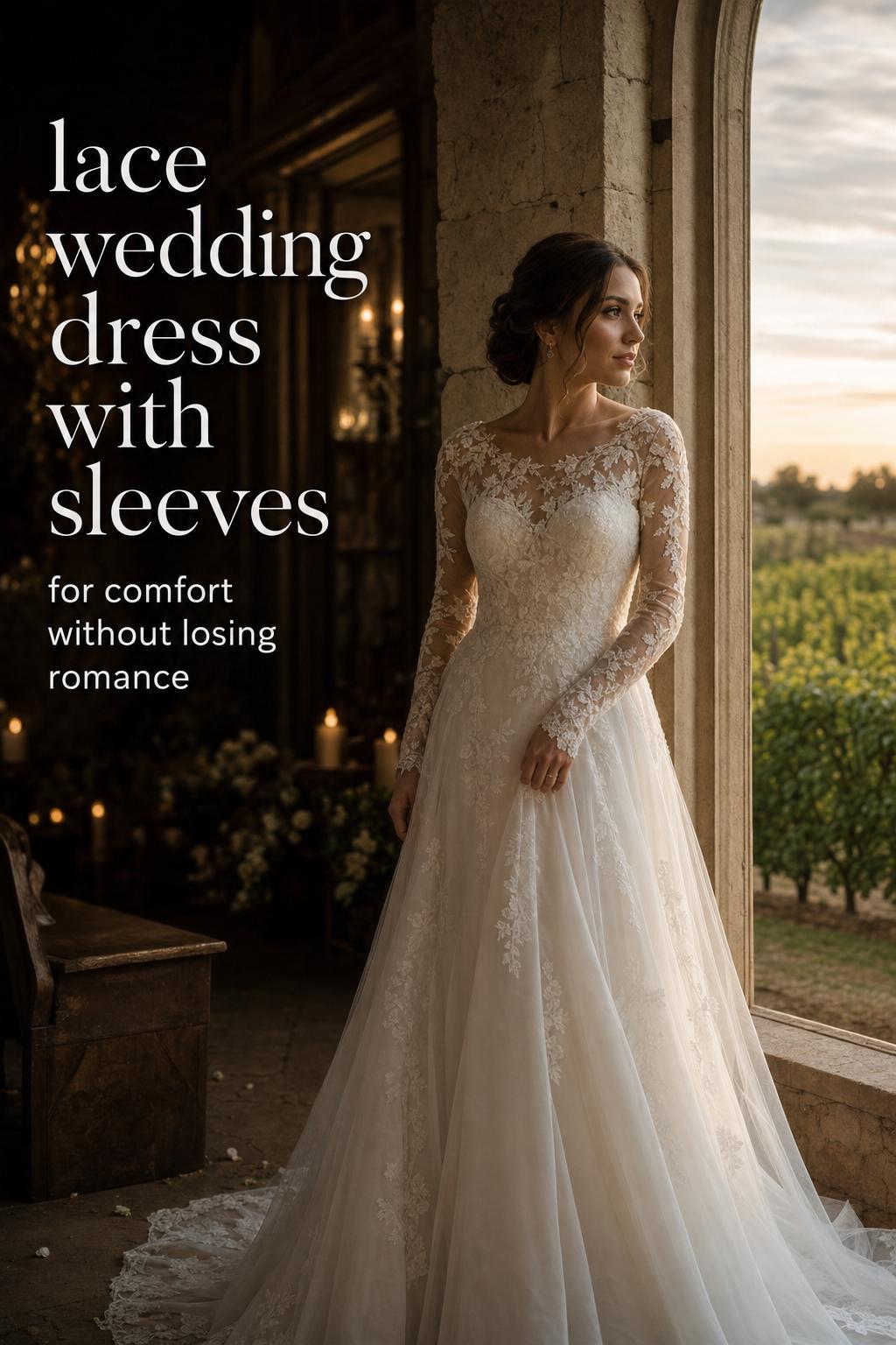 Bride in a lace wedding dress with sleeves by an arched chapel window at golden hour, moody editorial lighting
