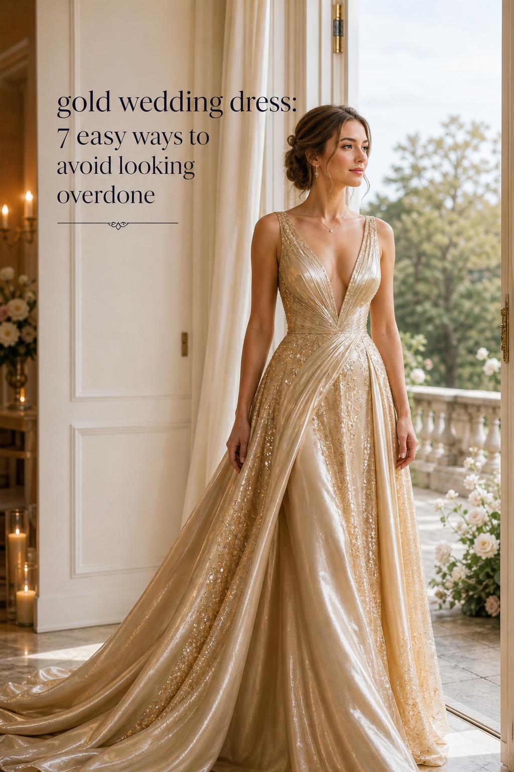 Luxury bridal editorial portrait of a bride in a gold wedding dress with satin and sequin texture by sunlit ballroom doors