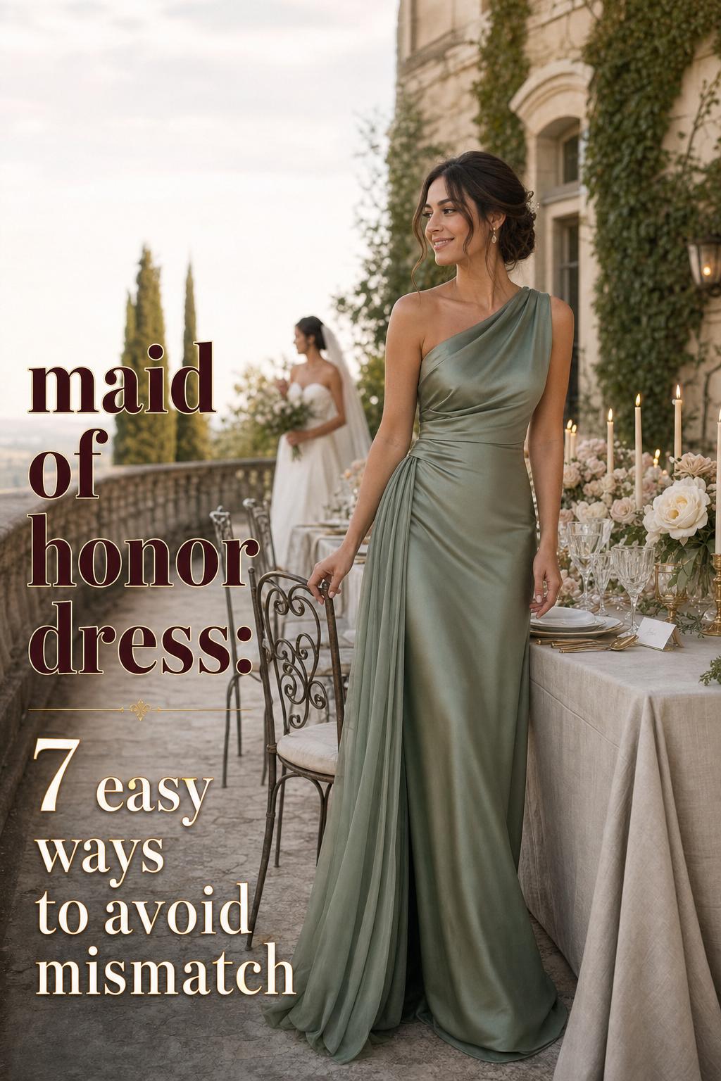 Maid of honor dress in sage-emerald satin beside a European villa garden reception table at golden hour