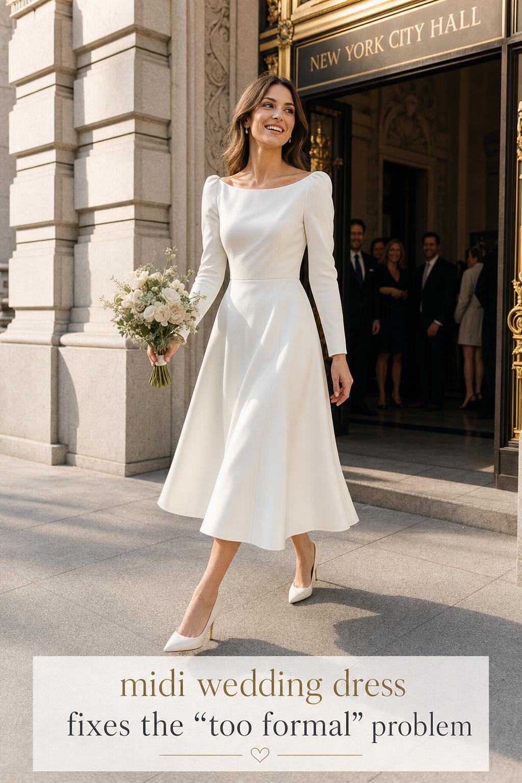 Bride in a chic midi wedding dress exiting city hall in golden-hour light with elegant text overlay