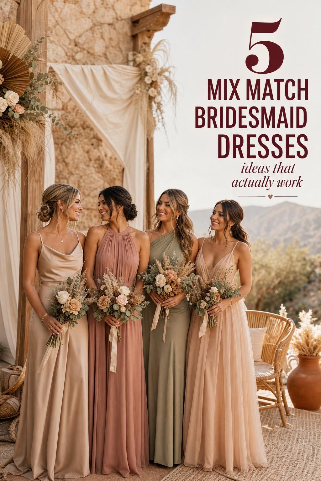 Mix match bridesmaid dresses in earthy tones at a modern boho outdoor wedding, four bridesmaids in coordinated silhouettes