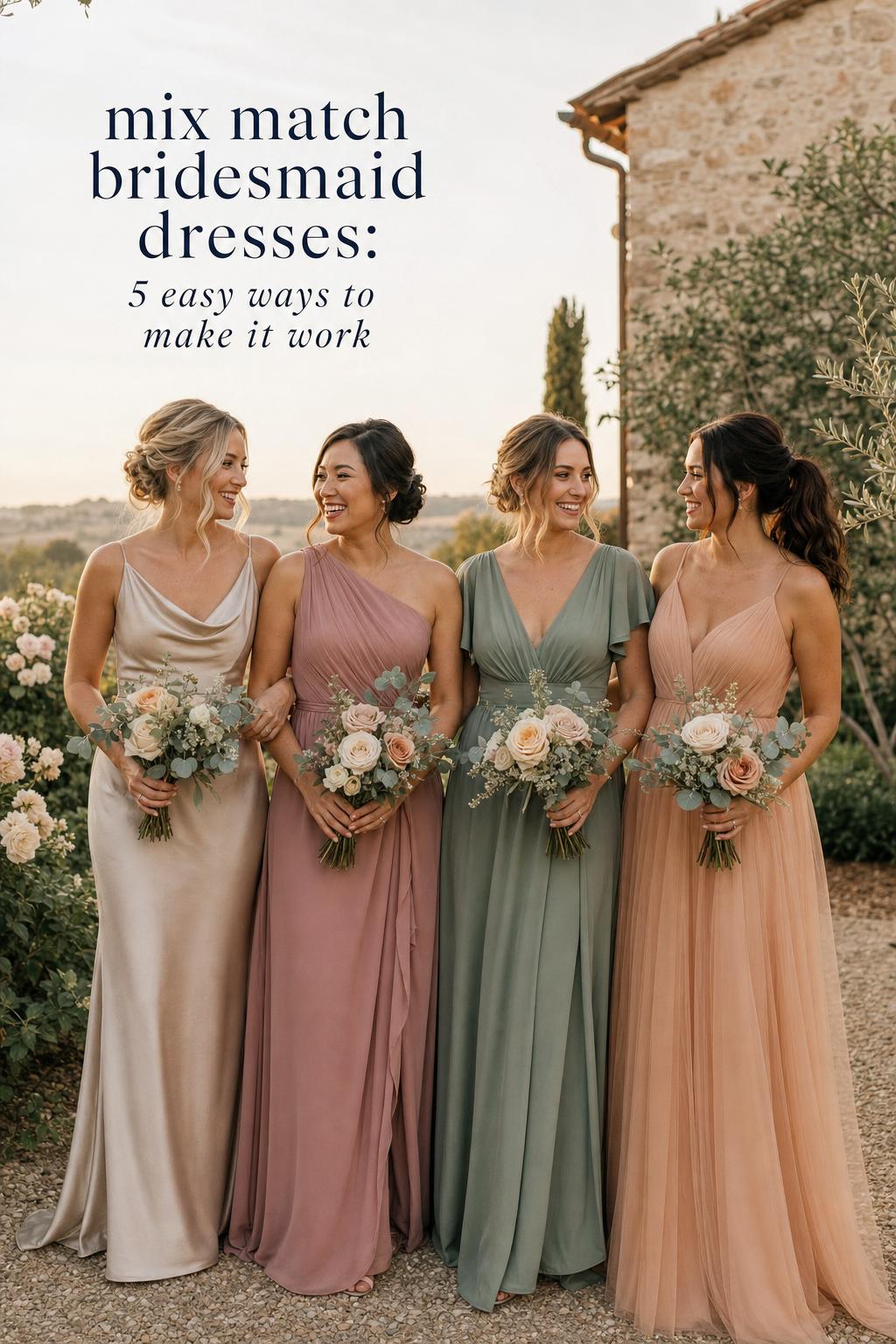 Mix match bridesmaid dresses in dusty rose, sage and champagne at a golden hour countryside estate wedding garden