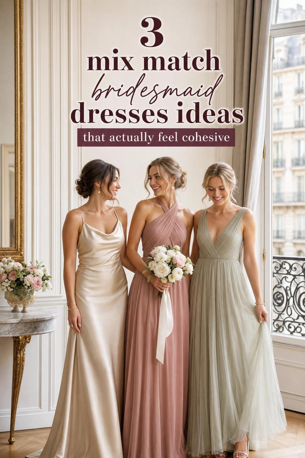 Mix match bridesmaid dresses in a Paris boutique hotel salon with three bridesmaids in champagne, dusty rose, and sage gowns.