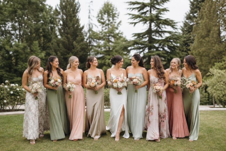 Mix match bridesmaid dresses in soft neutrals with varied silhouettes for a modern, cohesive bridal party photo