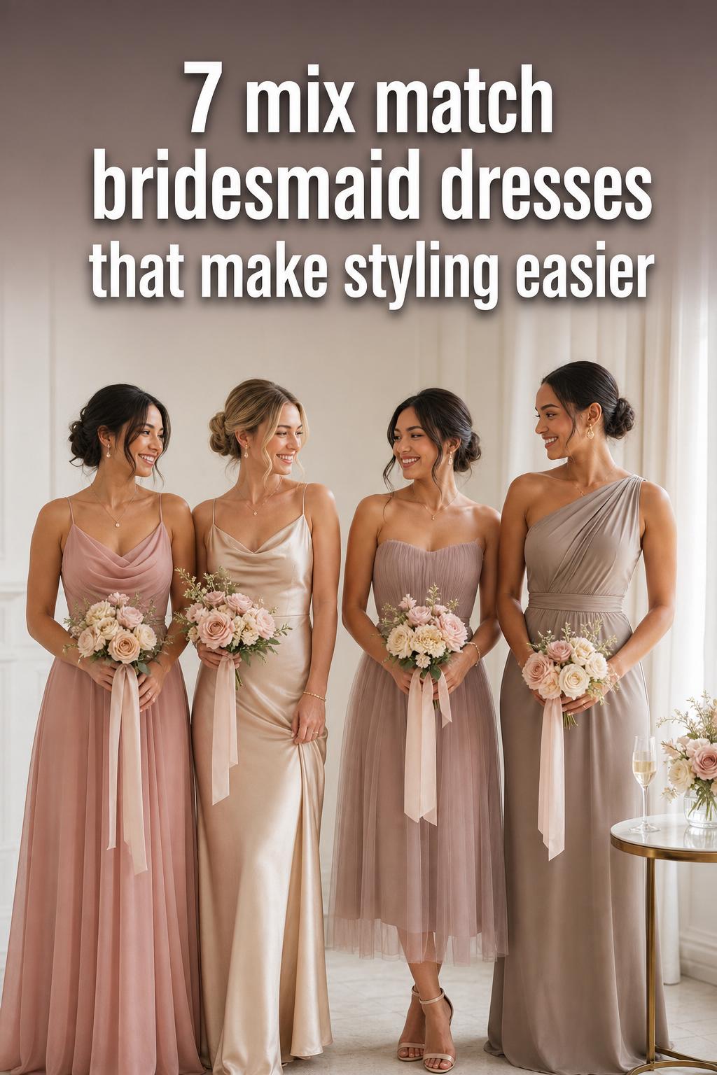 Mix match bridesmaid dresses in complementary pastel colors for a modern wedding party portrait